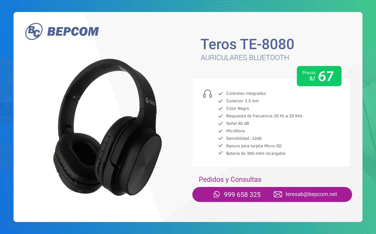 Auriculares Bluetooth Teros TE-8080 - S/. 67